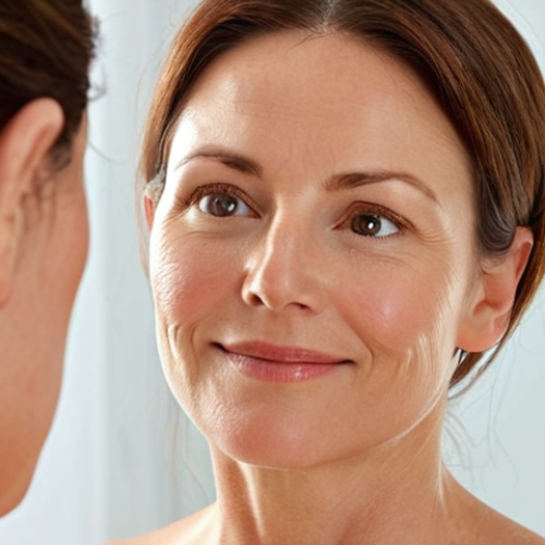 Home 7 **Prompt 1: The Glow of Youthful Confidence**
A woman in her 40s or 50s, looking confidently and radiantly into a mirror, her face subtly softened and revitalized with natural volume in her cheeks and temples. Her expression is one of calm satisfaction and renewed self-assurance. The lighting is soft and flattering, highlighting her healthy, glowing skin. The overall atmosphere conveys natural beauty and the subtle, harmonious return of youthful contours, without overt signs of a medical procedure. Realism, high detail, studio lighting.